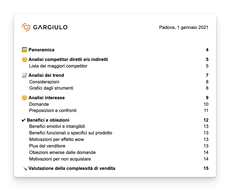 Indice del documento strategico Yuool: panoramica, analisi competitor, trend, interesse, benefici e obiezioni, complessità di vendita