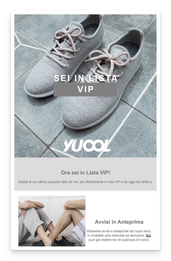 Email Yuool del flusso Lista VIP: annuncio dell'ingresso in lista e avvisi in anteprima sui nuovi lanci