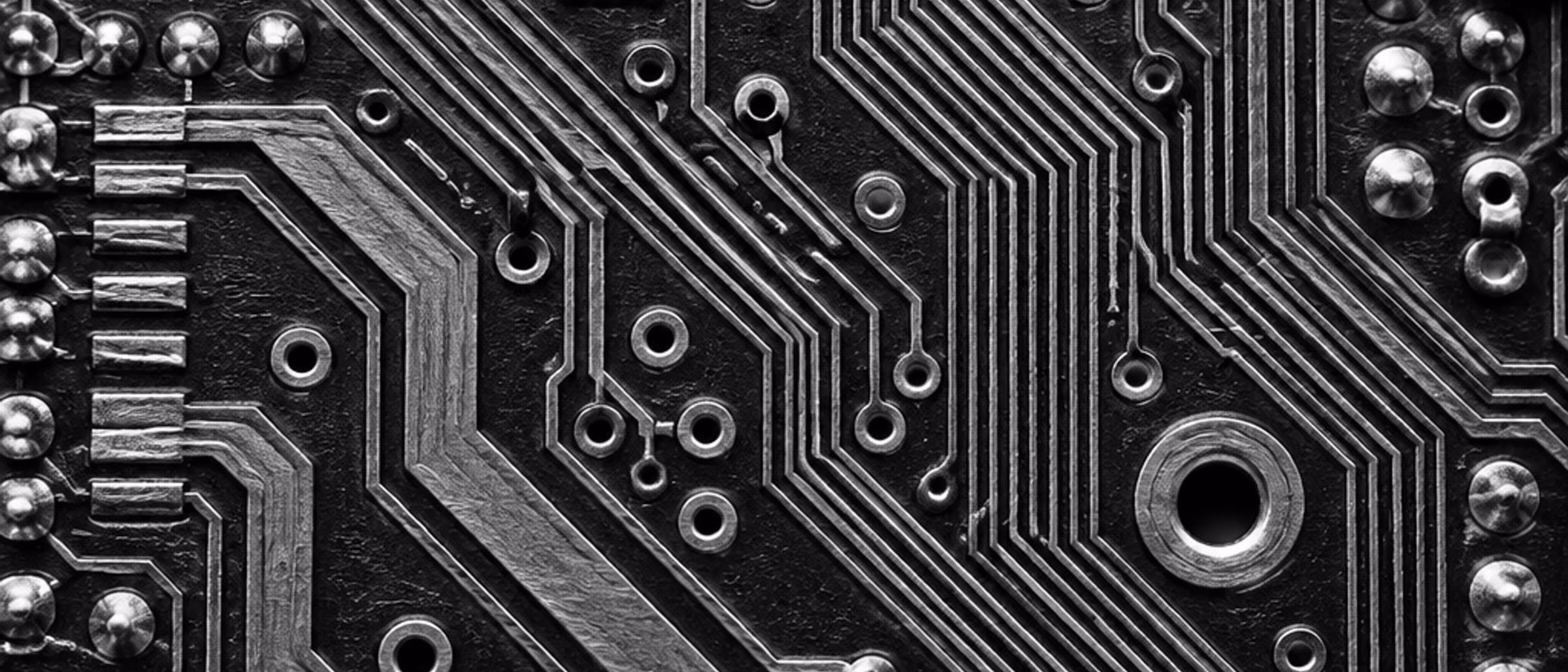 Black-and-white macro of printed circuit board traces