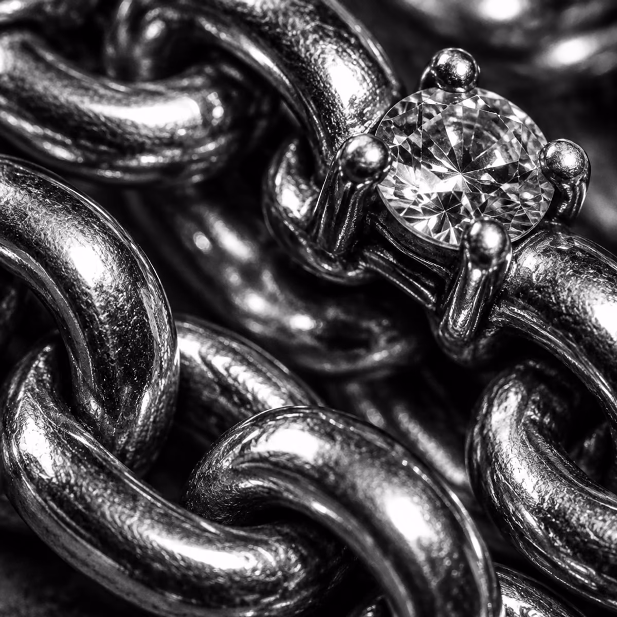 Macro in bianco e nero di maglie di catena e una griffe