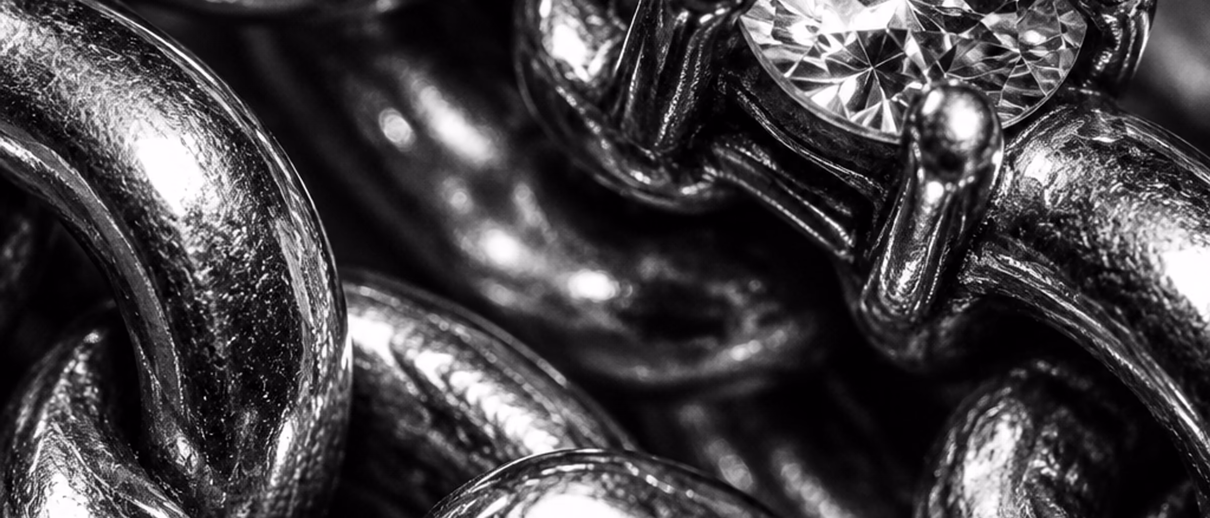 Macro in bianco e nero di maglie di catena e una griffe