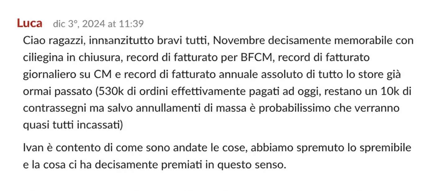 Novembre memorabile: record BFCM, record giornaliero su CM e record di fatturato annuale già superato.
