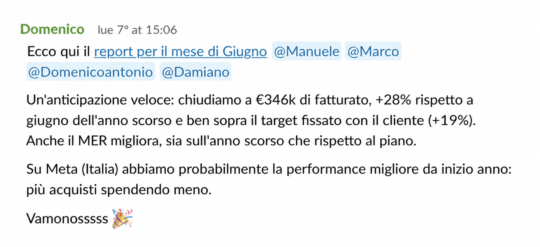 Giugno a 346k€: +28% YoY e sopra target. Su Meta Italia, più acquisti spendendo meno.