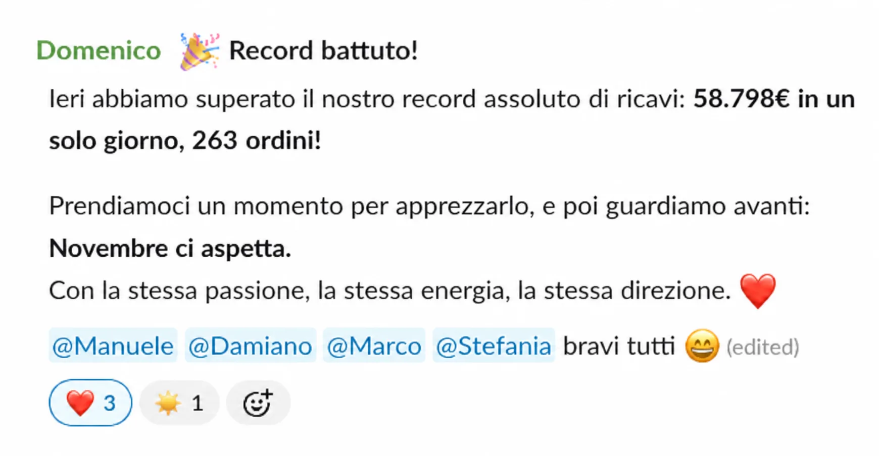 Record battuto: 58.798€ e 263 ordini in un solo giorno. Novembre ci aspetta.