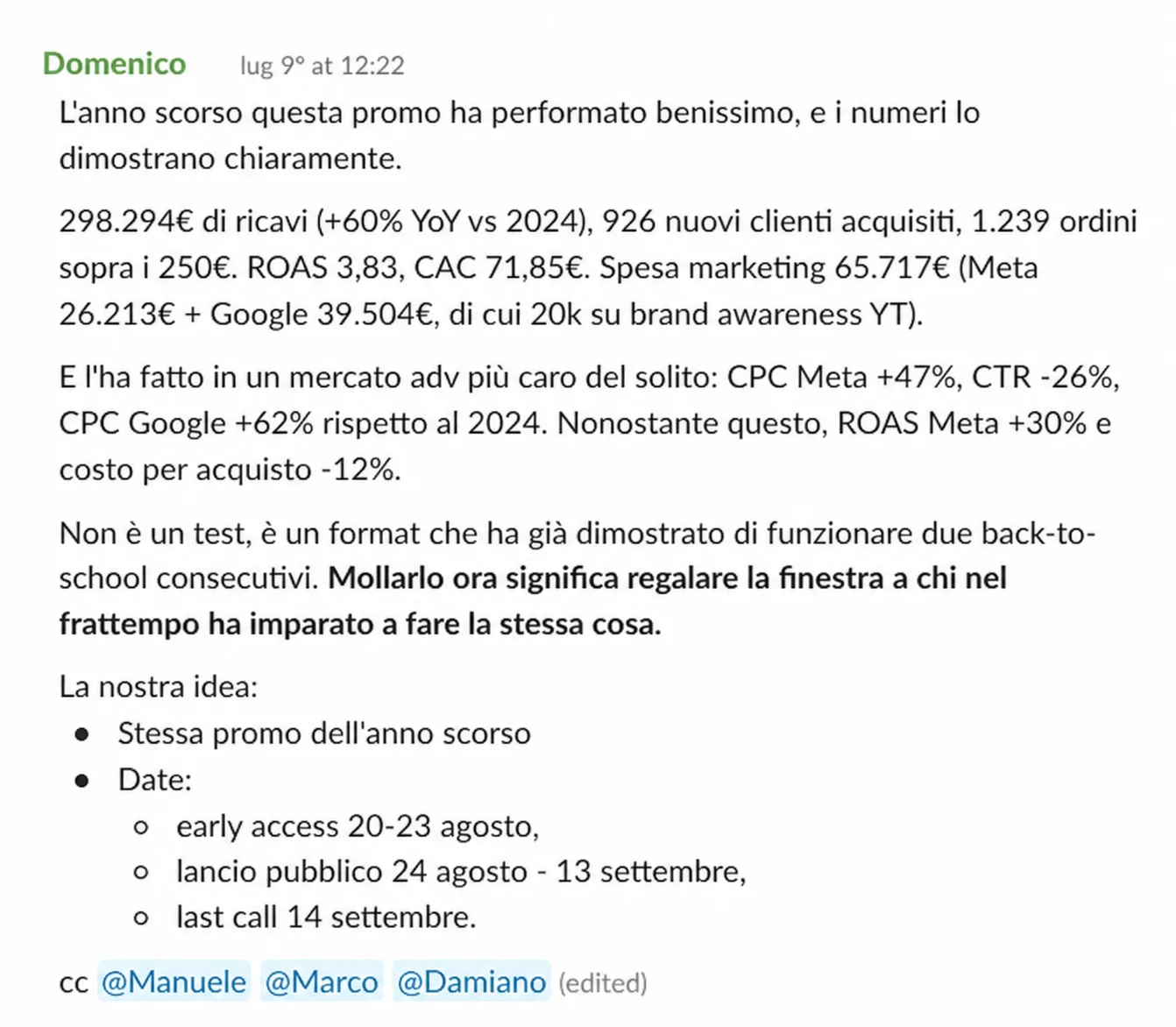Format già validato due anni di fila: 298.294€ di ricavi (+60% YoY), ROAS 3,83.