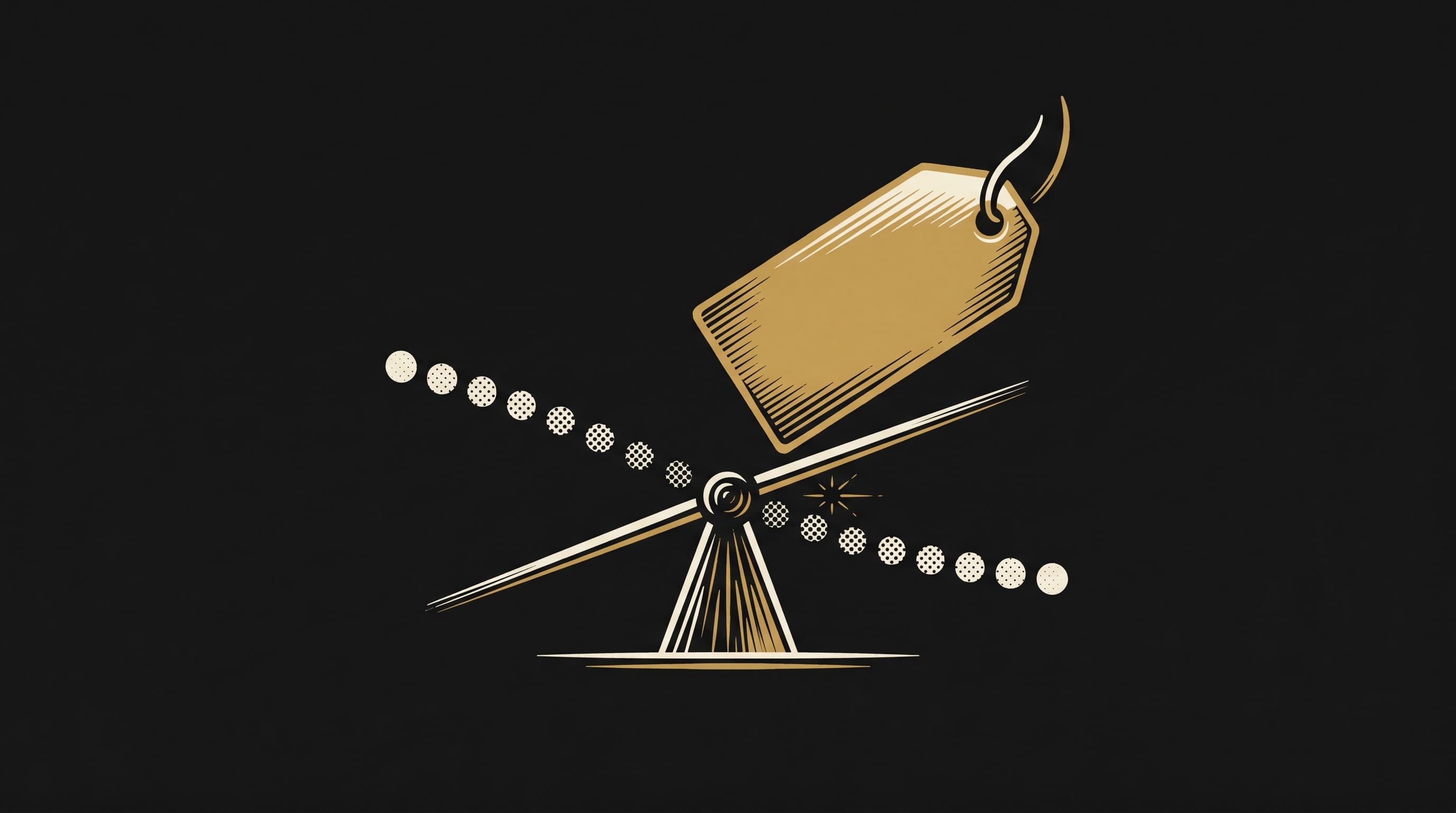 Illustrazione astratta in oro e nero: un cartellino prezzo in equilibrio con una curva di domanda, a rappresentare l'aumento di listino e l'interesse del mercato.