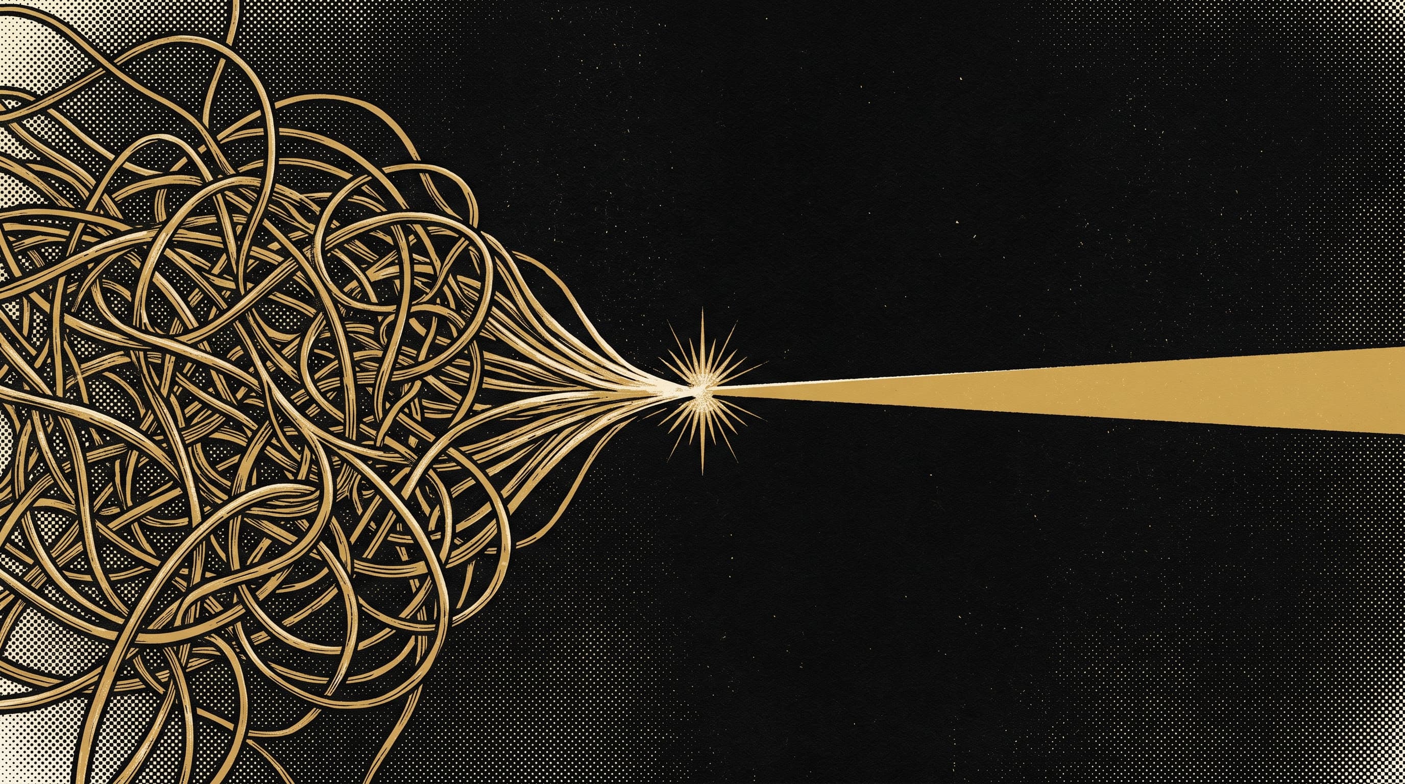 Illustrazione astratta in oro e nero: linee dorate aggrovigliate che convergono in un unico fascio dorato chiaro, a rappresentare l'attribuzione delle conversioni e-commerce.