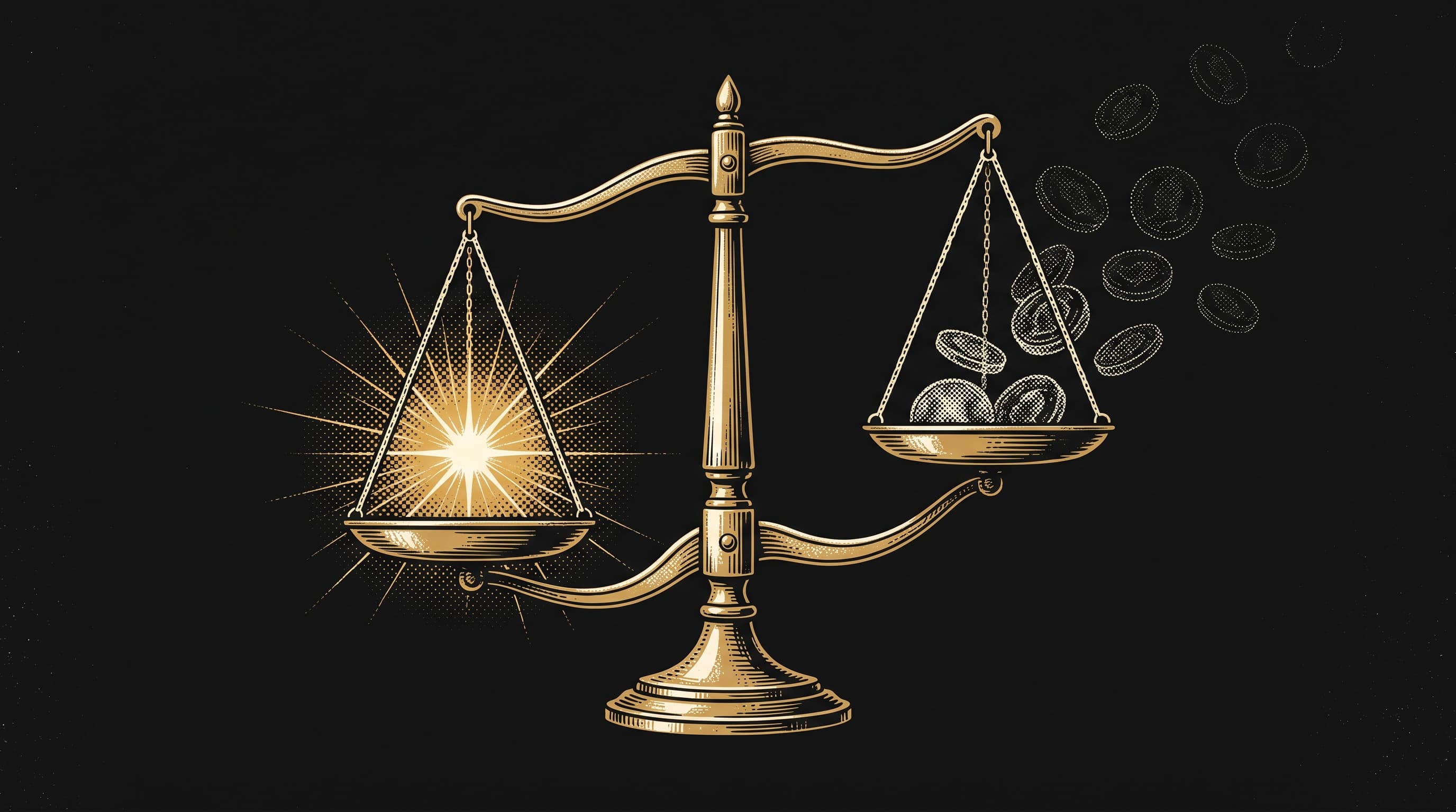 Illustrazione concettuale di una bilancia d'oro con una moneta reale che pesa più di molte monete deboli nello spazio nero