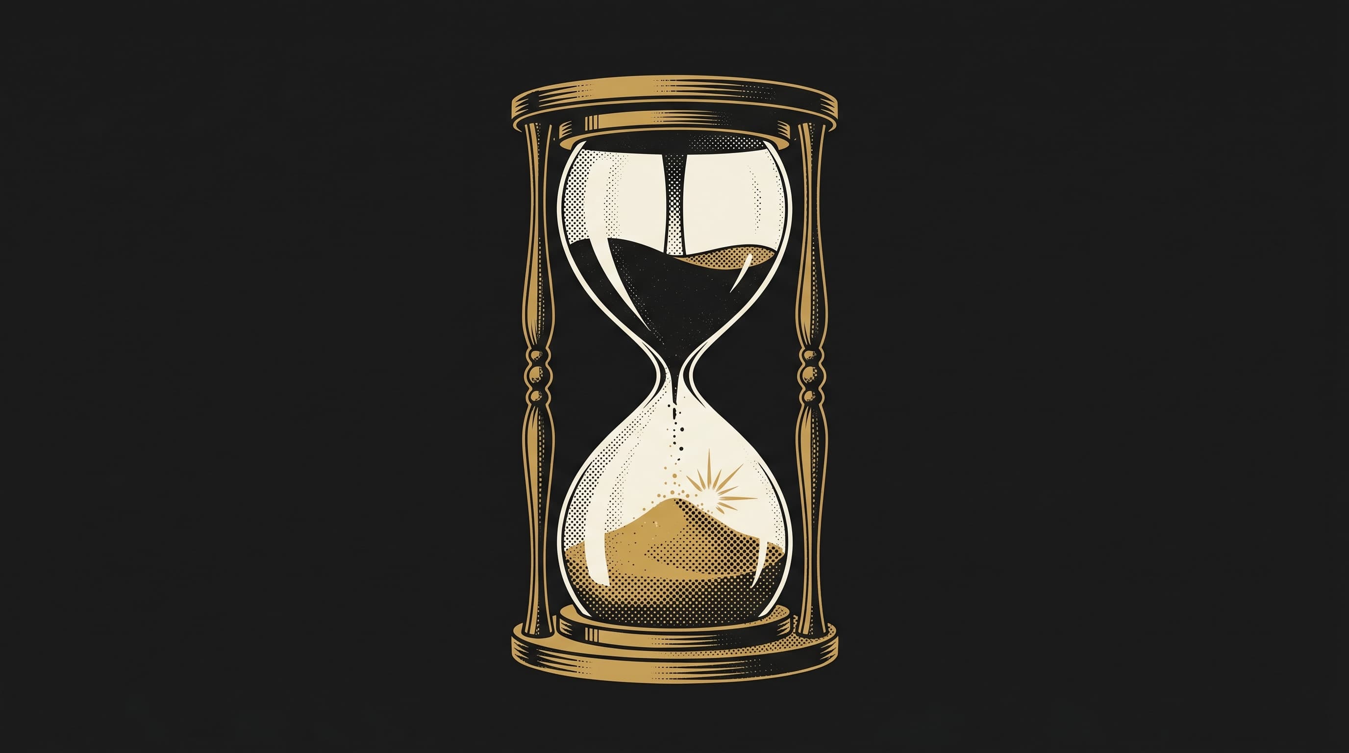 Illustrazione concettuale in oro e nero: una clessidra metallica vintage con sabbia nera che scorre e si accumula sul fondo in grani d'oro, rappresentando il recupero temporale del CAC.