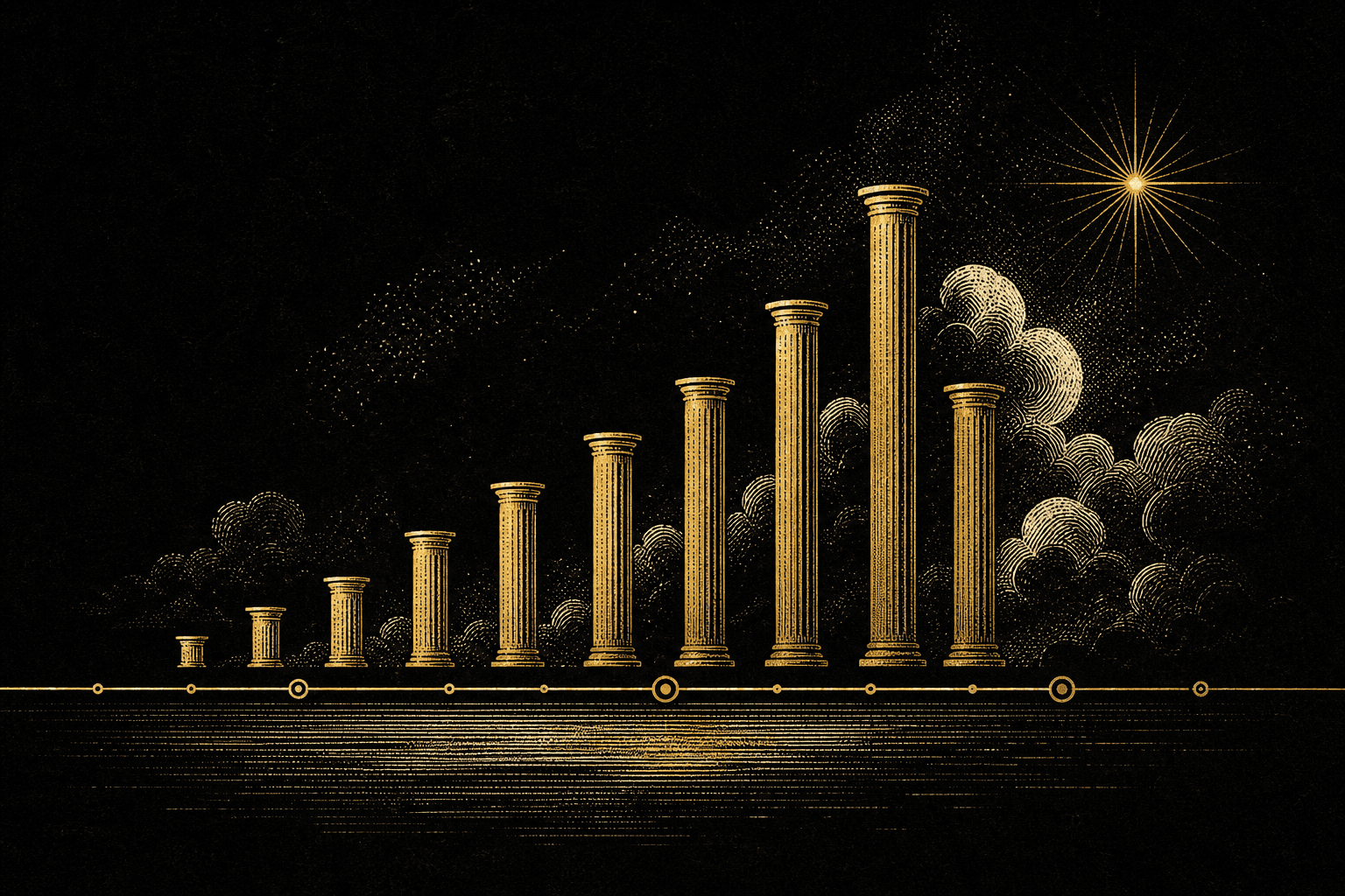 Illustrazione astratta editoriale in oro e nero: pilastri dorati disposti in picchi strategici pianificati, a rappresentare il calendario promozionale e-commerce.