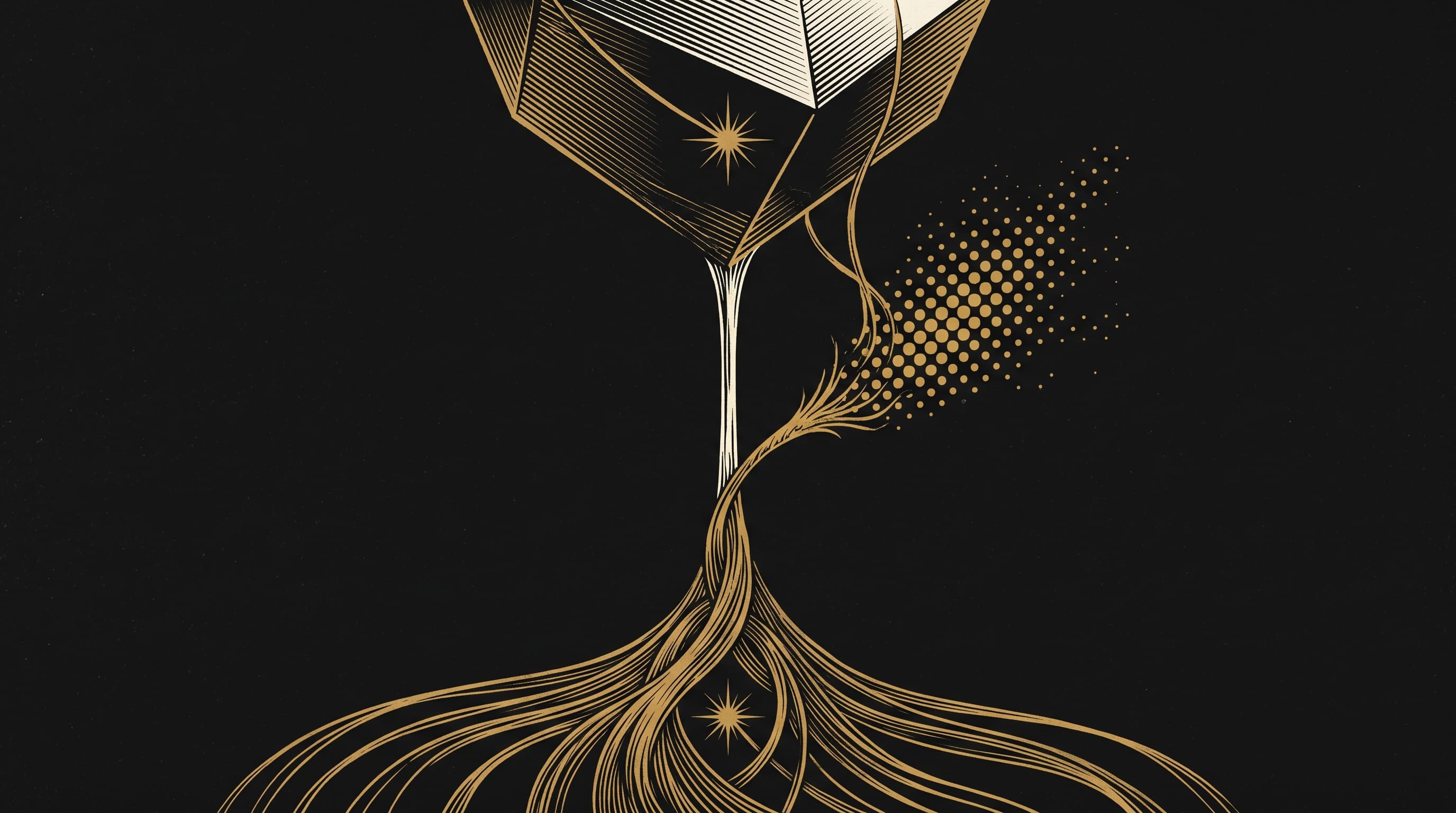 Illustrazione astratta oro e nero: fili dorati convergono su un unico fragile sostegno, come il fatturato su un canale solo.