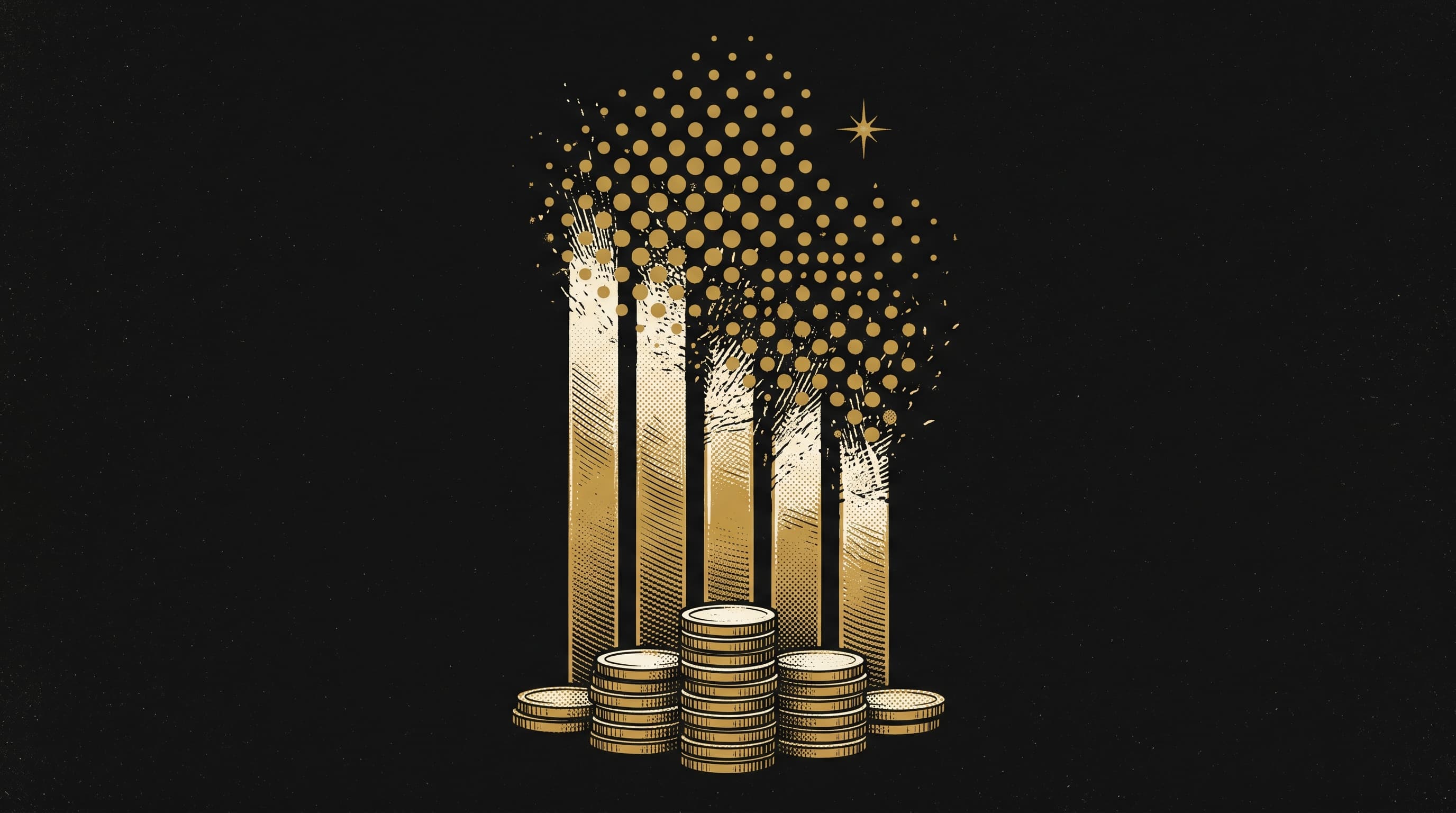 Illustrazione astratta di colonne dorate in crescita che si dissolvono in particelle: metafora del boom di categoria che non coincide con il margine.