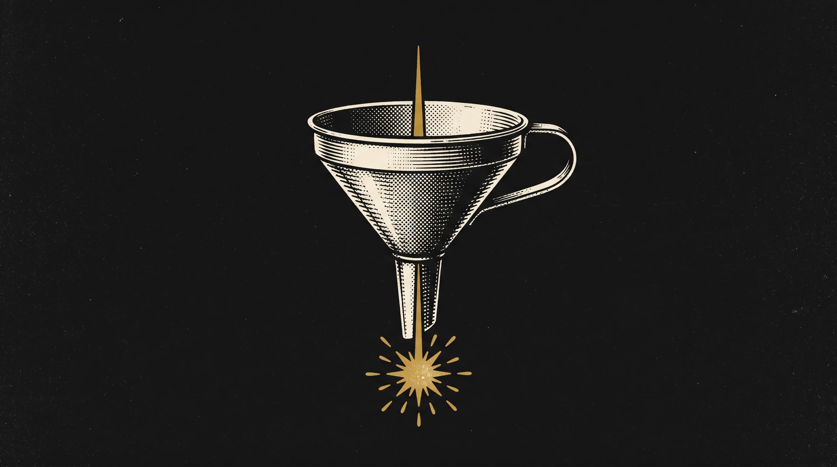 Illustrazione astratta in oro e nero: un imbuto attraversato da una scintilla dorata, metafora del costo di acquisizione cliente.