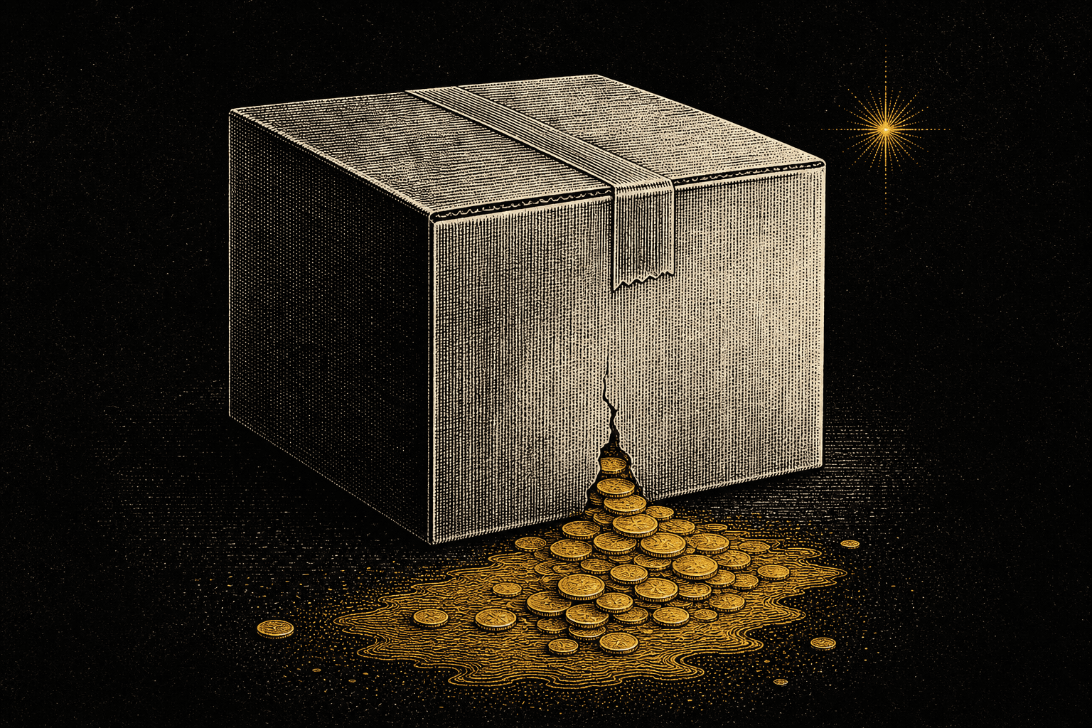 Illustrazione concettuale di una scatola di spedizione incisa con monete d'oro che colano fuori da una fessura su sfondo nero
