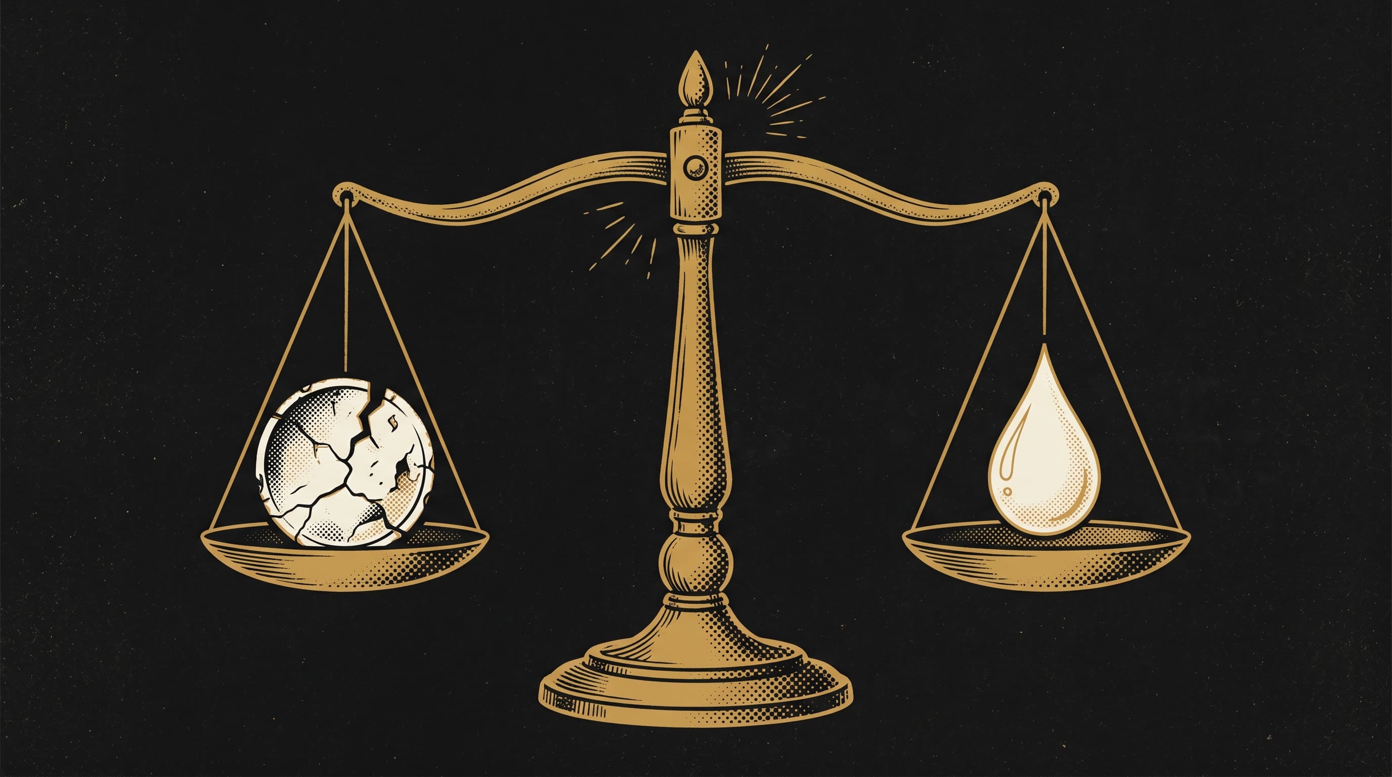 Illustrazione concettuale astratta di una bilancia dorata che bilancia una moneta incrinata e una goccia d'acqua su sfondo nero.