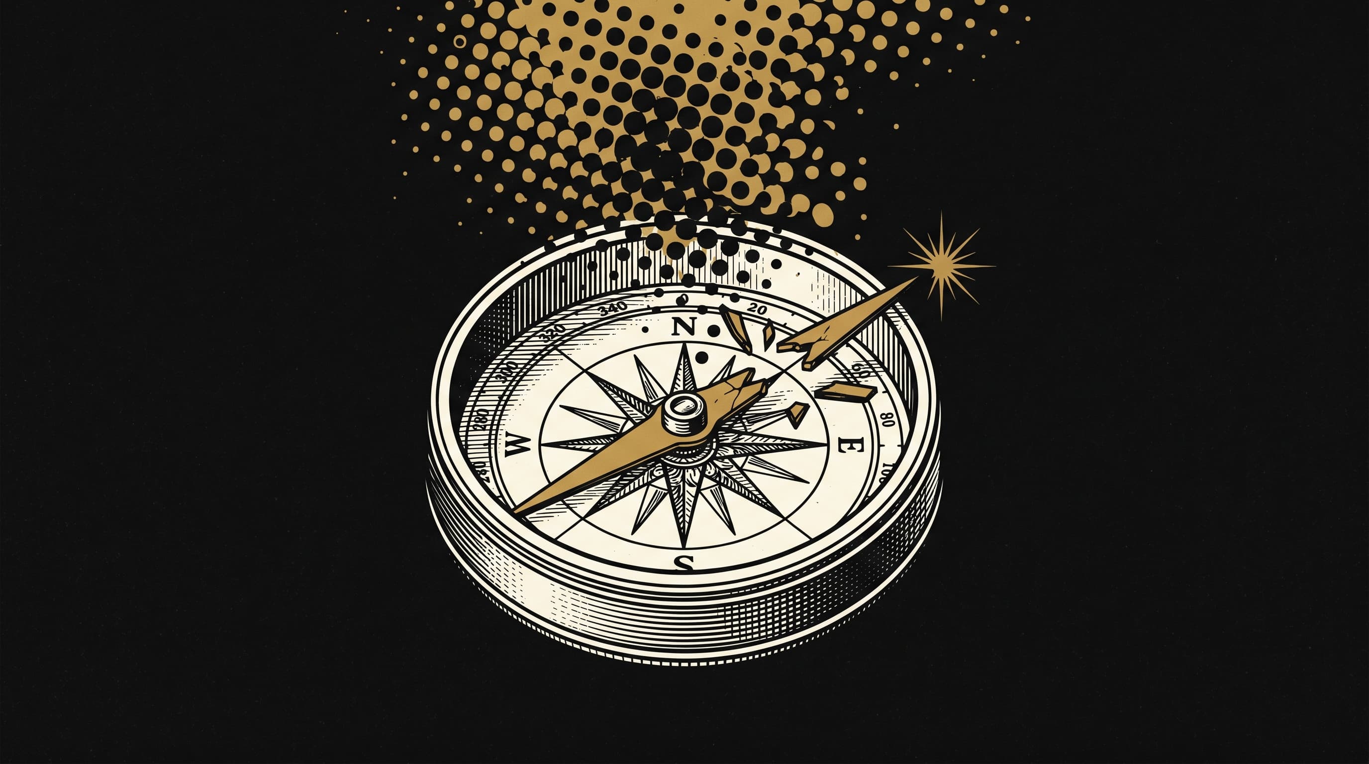 Illustrazione astratta in oro e nero: una bussola vintage con l'ago che si spezza sotto una tempesta di punti halftone, a rappresentare la volatilità e la perdita di direzione.