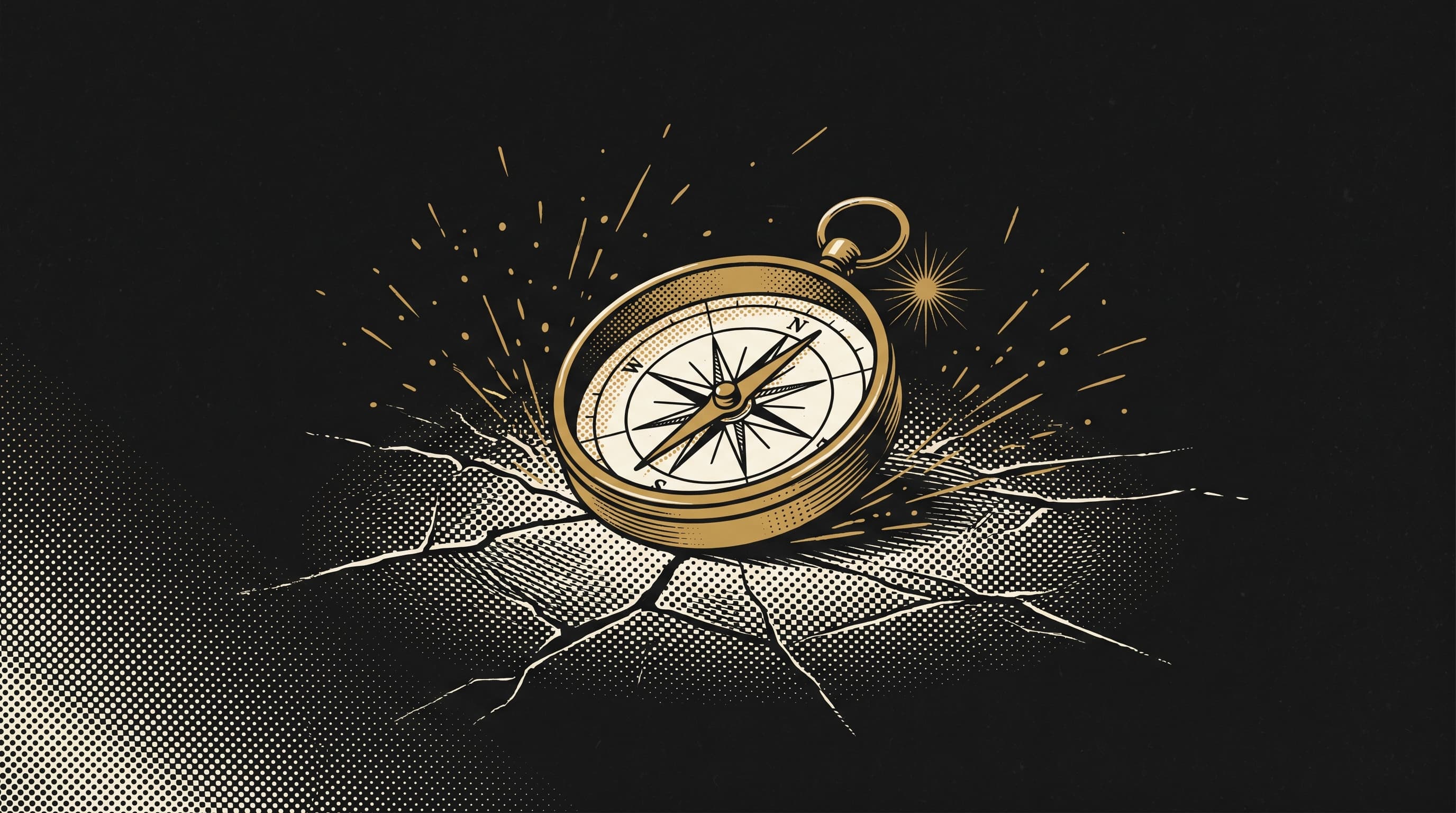 Illustrazione editoriale astratta in oro e nero: una bussola dorata che gira all'impazzata su una pietra scura spaccata, a simboleggiare la volatilità delle ads.