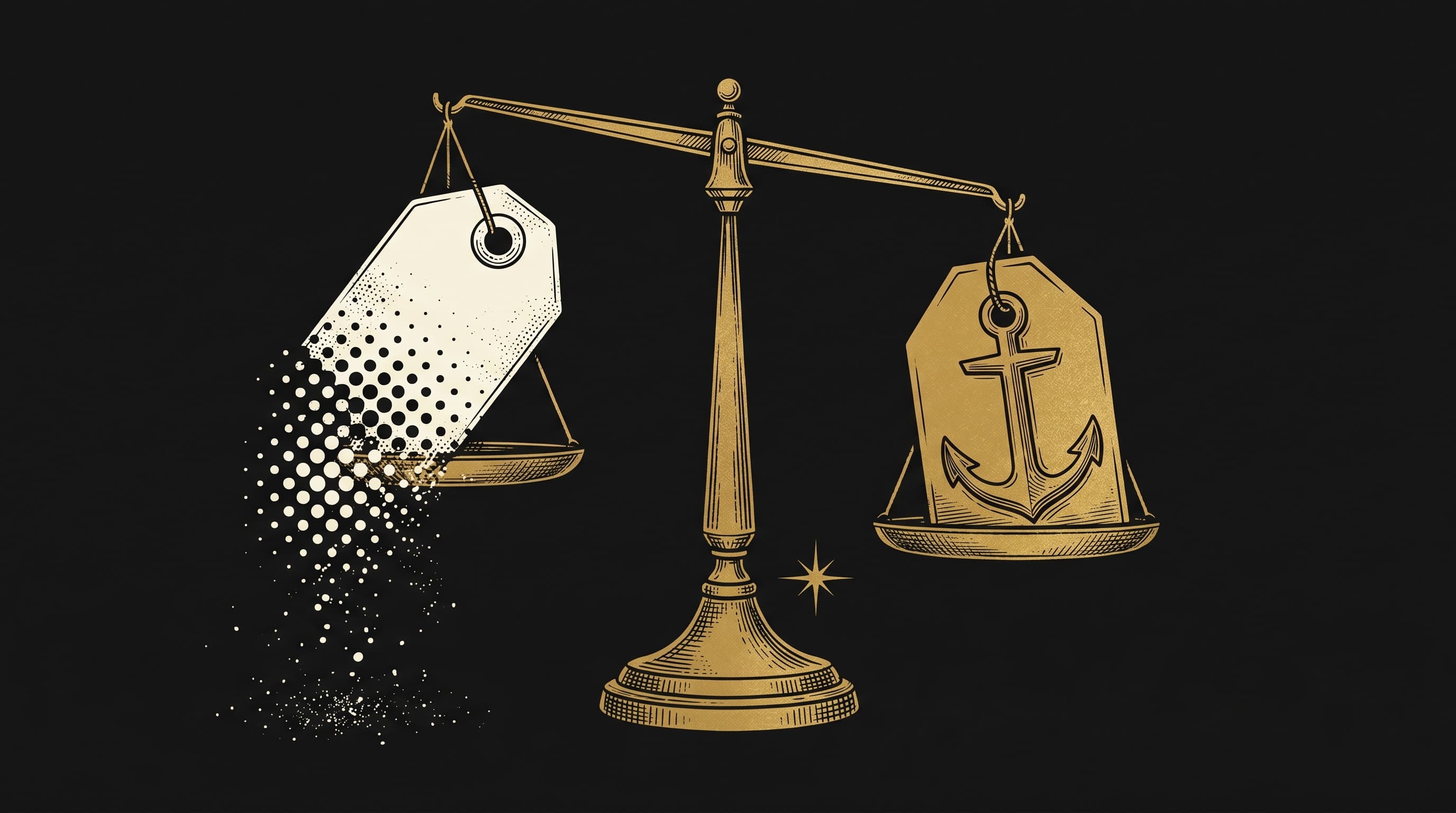 Illustrazione astratta di due cartellini prezzo in bilico: uno si dissolve mentre l'altro resta ancorato, metafora del gap tra prezzo percepito e listino