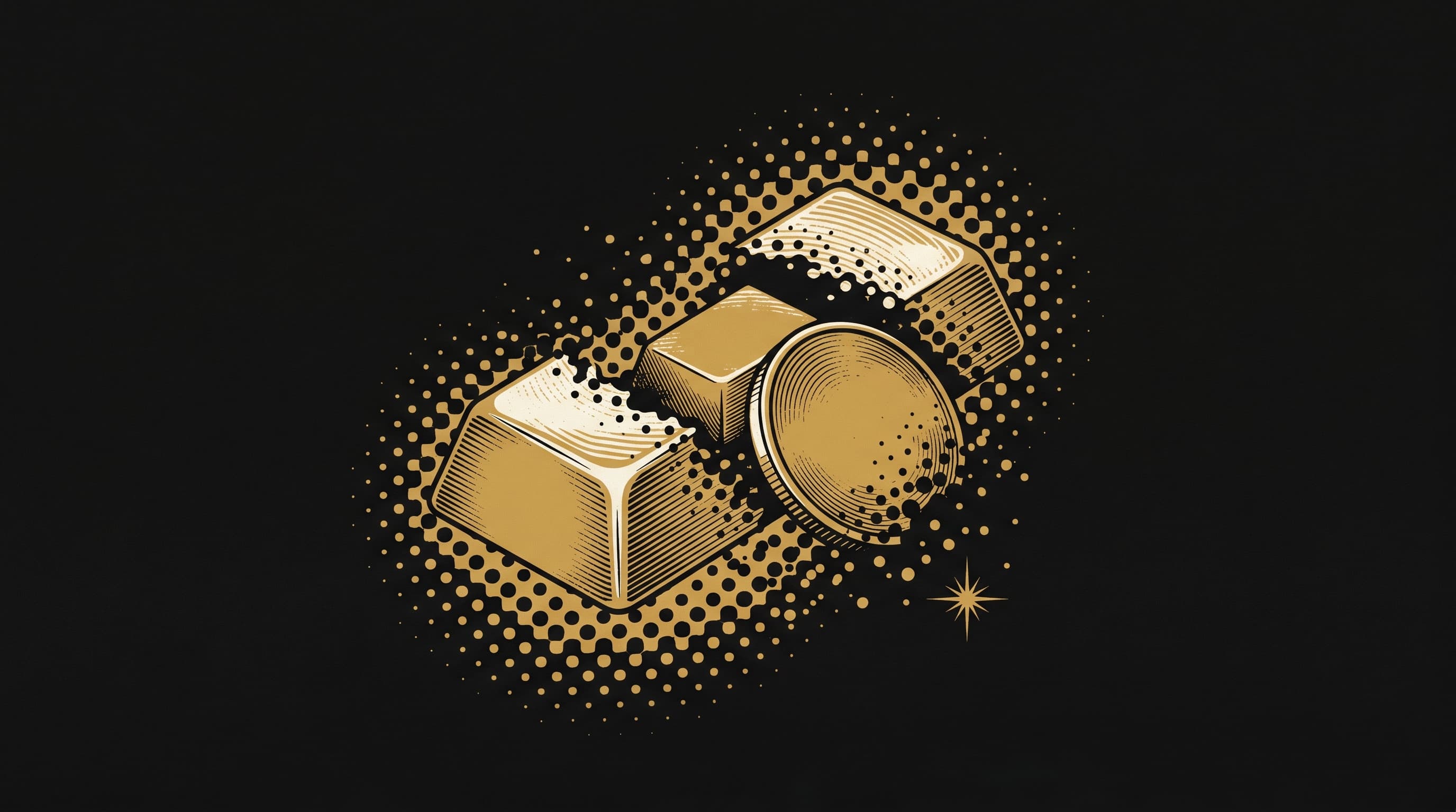 Illustrazione editoriale astratta in oro e nero di una moneta dorata che si erode in particelle halftone lasciando un solido nucleo centrale