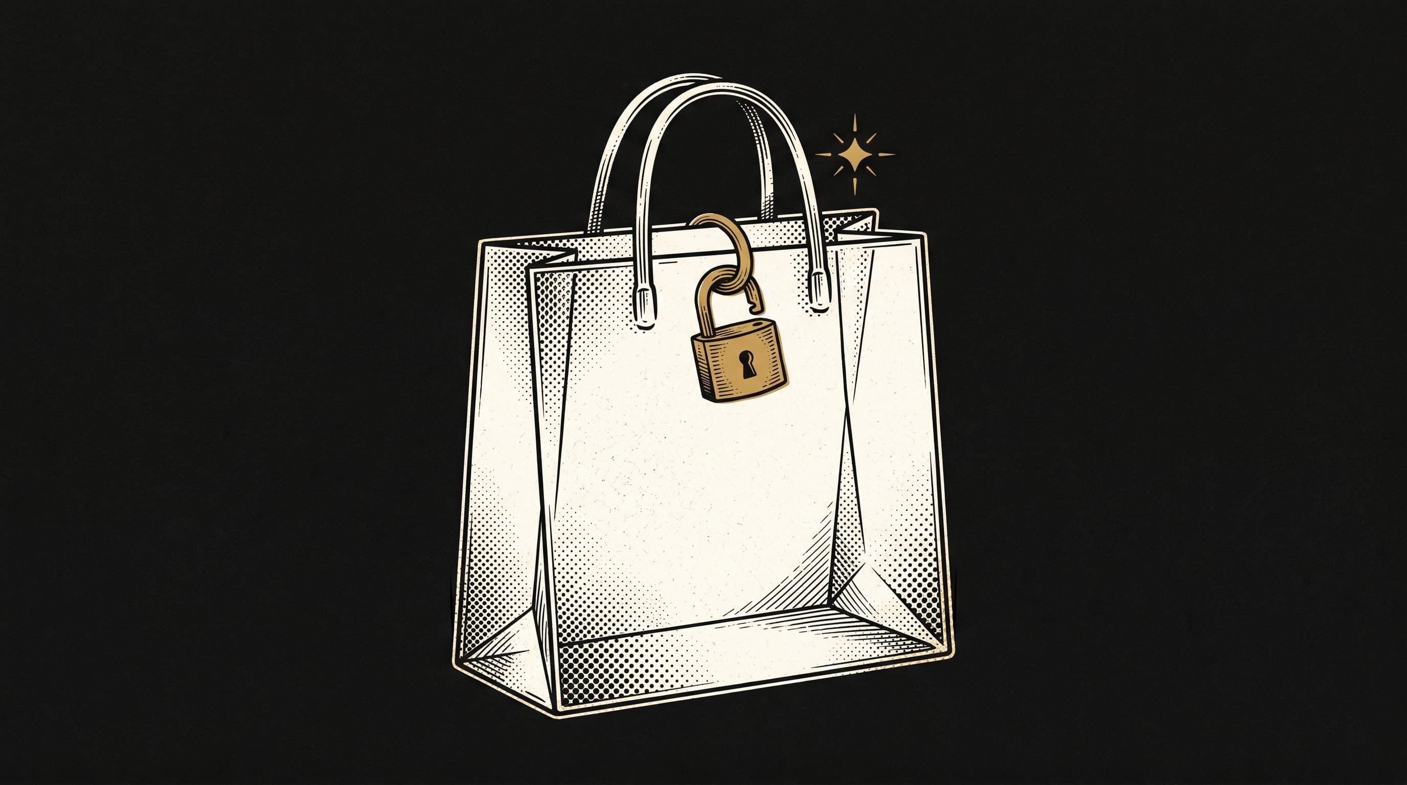 Illustrazione astratta di un sacchetto shopping con lucchetto dorado: metafora della fiducia necessaria per convertire su brand poco noto