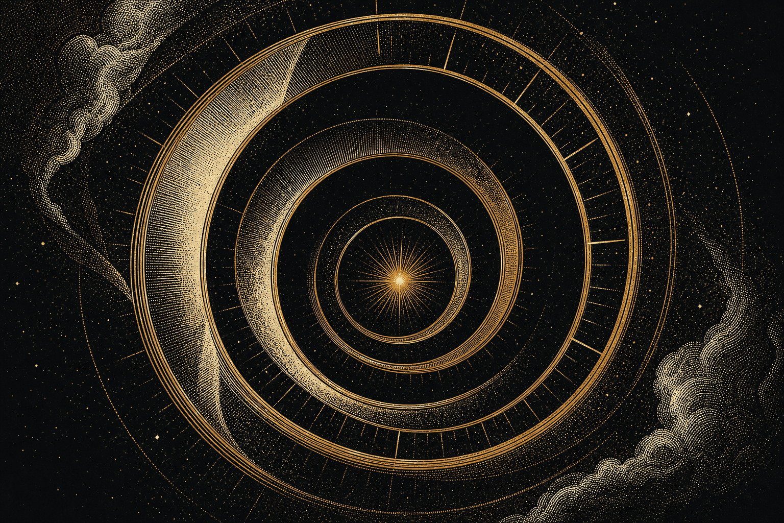 Illustrazione concettuale astratta di un orologio dorato con anelli concentrici che ritornano a una scintilla centrale, stile incisione vintage ad alto contrasto.