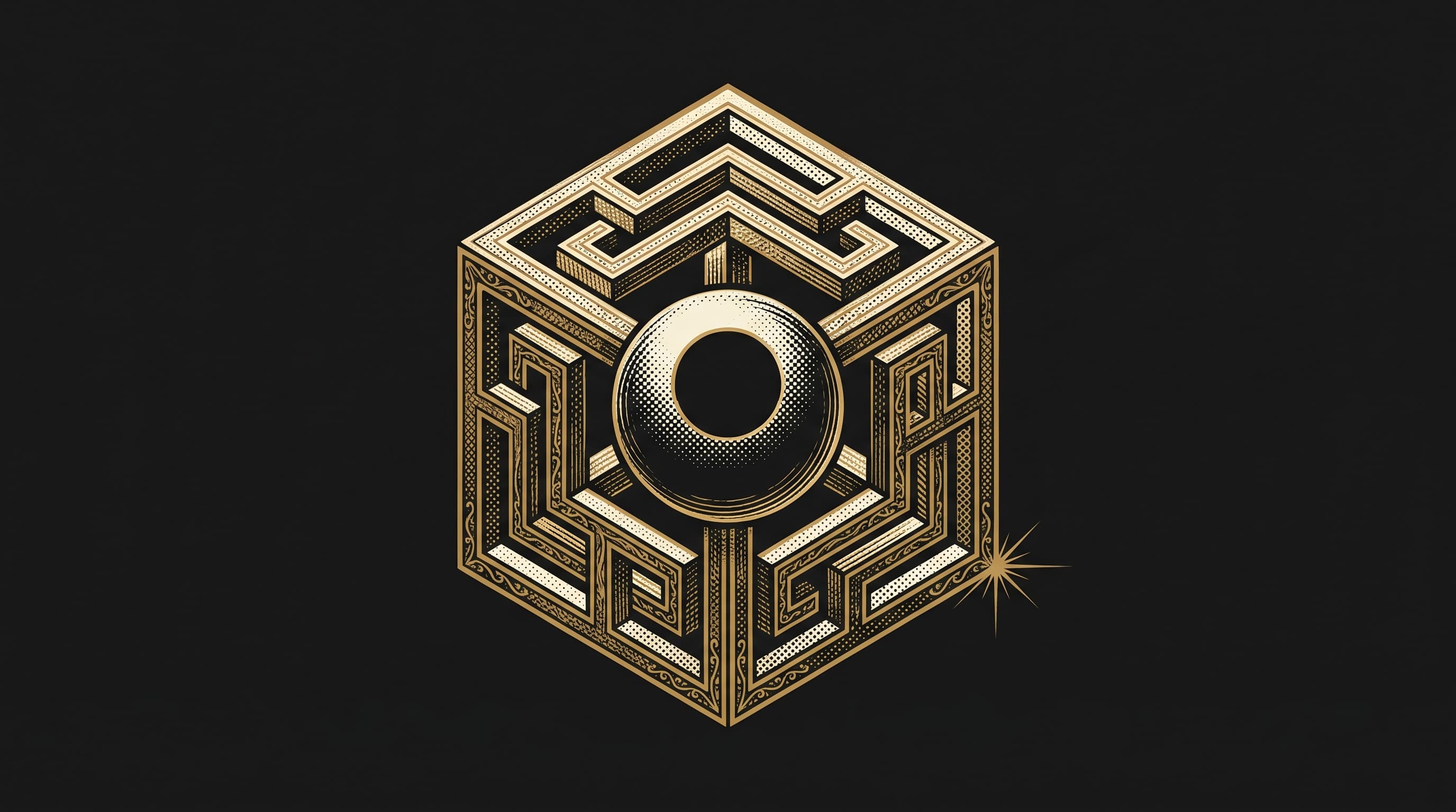 Illustrazione astratta in oro e nero: un labirinto geometrico dorato che racchiude una sfera al centro, a simboleggiare la trappola dell'attribuzione nel retargeting.