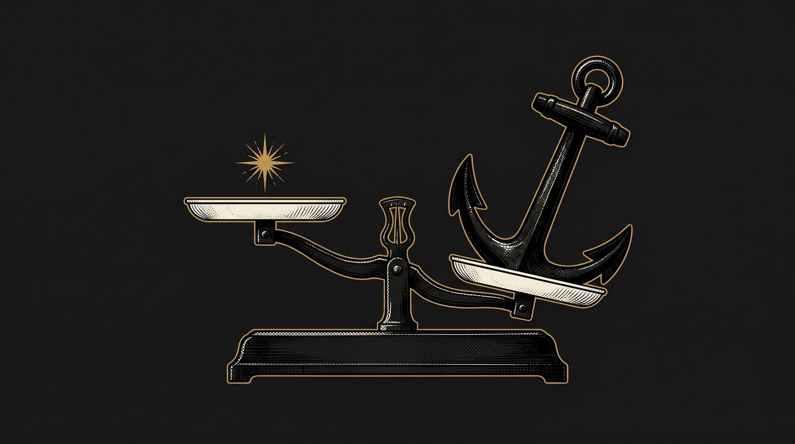 Illustrazione astratta stile incisione vintage con bilancia, scintilla d'oro di 12 vendite e un'ancora di 1000 pezzi.
